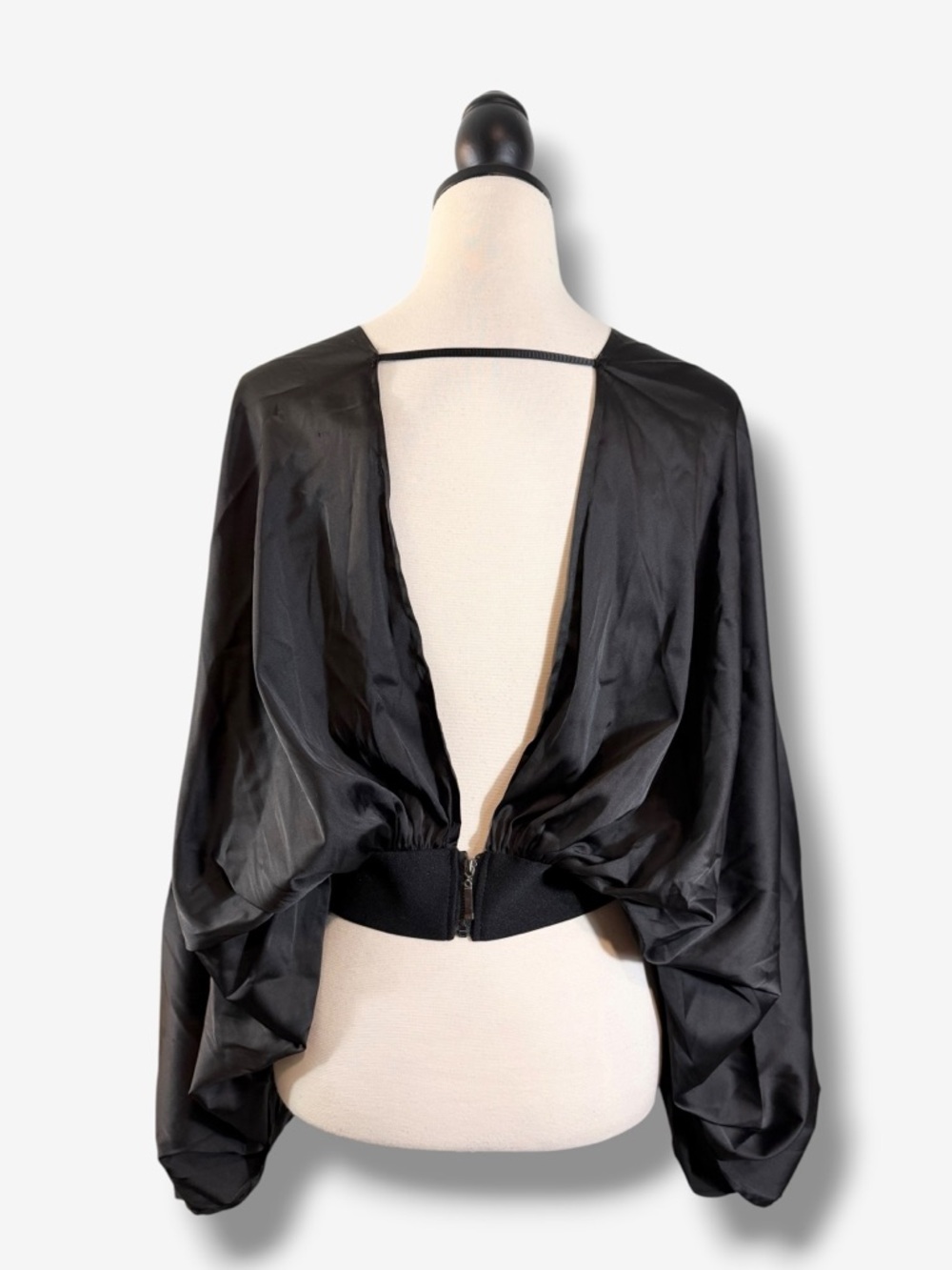 Black Satin Draped Open Back Blouse Size L Dolman Kimono Sleeve Minimalist Goth - Picture 7 of 12